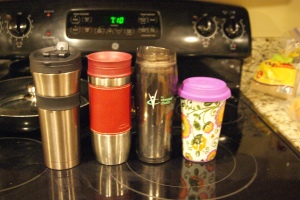 travel mugs all ready to go